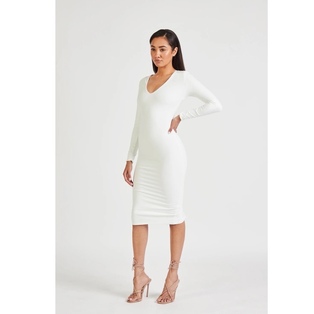 Because of Alice Long Sleeve Bodycon V Neck White Dress